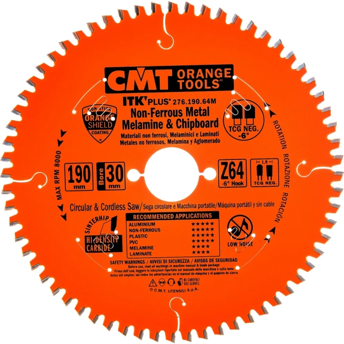Диск пильный по алюминию (190x1.8/1.2x30 мм; Z64; TCG NEG -6) CMT 276.190.64M