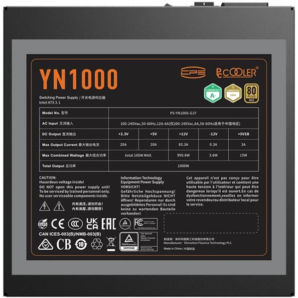 Блок питания PCCooler YN1000, 1000W, ATX3.1/PCIe5.1, APFC, 80+ Gold, 13.5cm Fan, Modular P5-YN1000-G1F