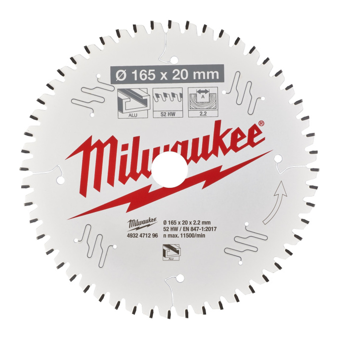 Диск пильный Milwaukee 165x20x2.2x52 TF 4932471296 по алюминию для циркулярной пилы, угол атаки зуба: -5°, низкая вибрация