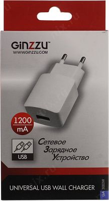 Ginzzu GA-3003W Зарядное устройство USB (Вх.AC110-240V  Вых.  DC5V 6W  USB)