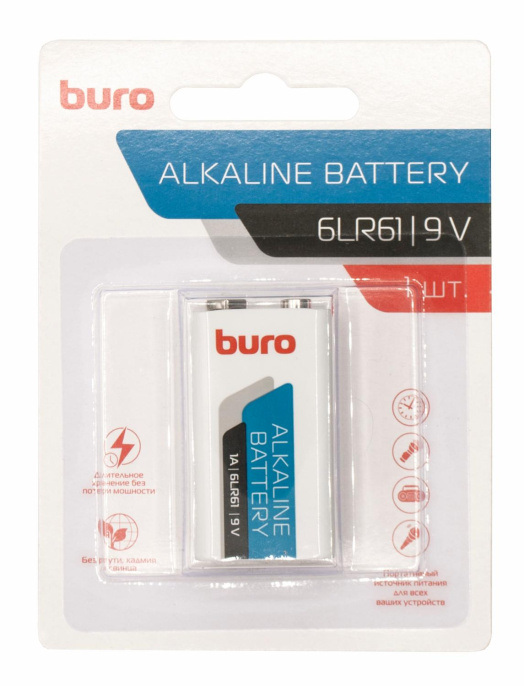 9V Батарейка Buro Alkaline 6LR61,  1 шт.