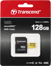 Карта памяти microSDXC UHS-I U3 Transcend 500S 128 ГБ, 95 МБ/с, Class 10, TS128GUSD500S, 1 шт., без адаптера