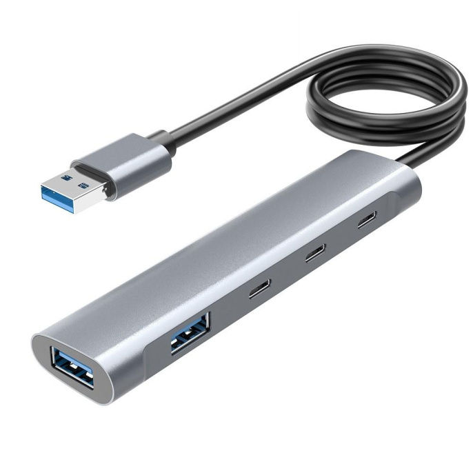 ORIENT CU-422A, разветвитель USB 3.2 Gen1 5 Гбит/c , порты: 2xUSB-A + 1xUSB-C, 1 порт USB 2.0 USB-C, порт для доп.питания USB-C, алюм.корпус, кабель подключения USB Type-A, длина 1.2 метра 31334