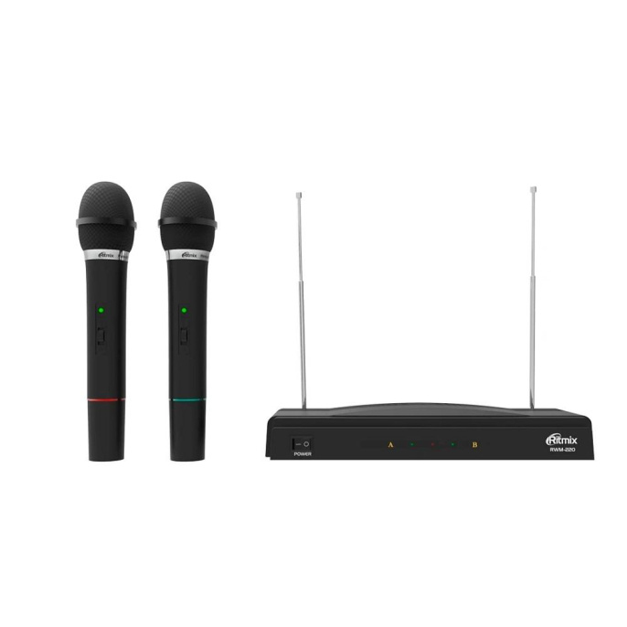 RITMIX RWM-220 {2 микрофона: 87.5 МГц - 92 МГц; раб. частоты: 100 Гц - 10 000 Гц;Чувств.: -30 дБ +/-3 дБ; пит. системы: AC 220 в / 500 мА}