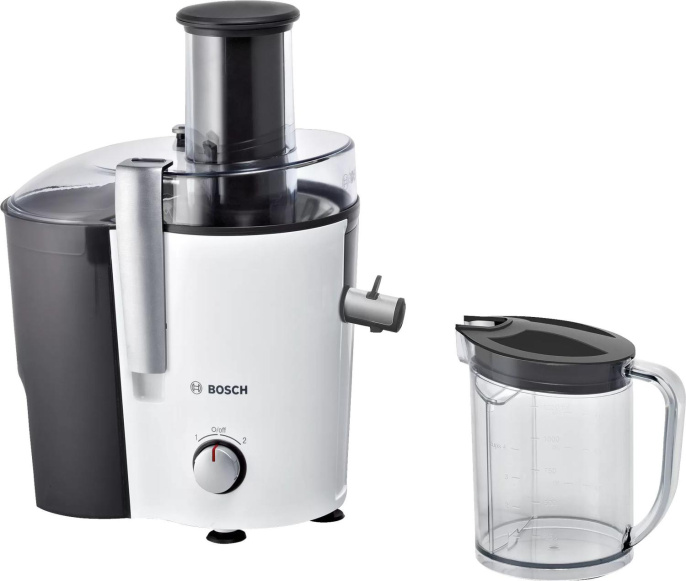 Соковыжималка Bosch MES25A0 универсальная, центробежная мощность: 700Вт, диаметр отверстия для загрузки: 73мм, контейнер для сока, прямая подача сока, объем емкости для сока: 1.25л, белый, черный