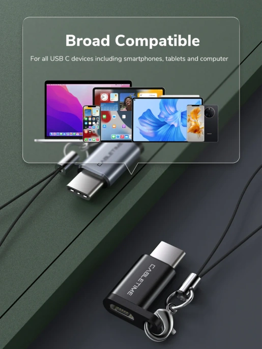 Адаптер CABLETIME CP72B (CT-OTG-CMBF-ABL) USB-C Male to USB2.0 Micro B Female OTG С петлей Lanyaed. Алюминий