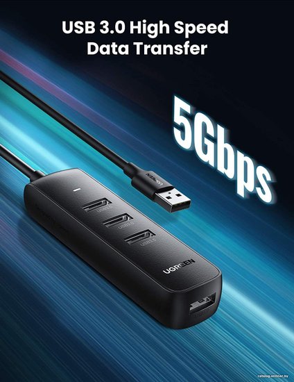 Хаб UGREEN CM416-80657 USB-A 3.0 to 4 USB-A 3.0, с проводом 1m; Поддержка жесткого диска 12 ТБ; С портом питания Type-C; Светодиодные индикаторы; Скорость до