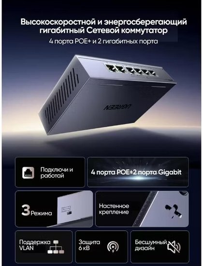 Неуправляемый коммутатор Ugreen CM741 35371EU  настольный/настенный, матрица 6 Гбит/с, 6xGbit, PoE