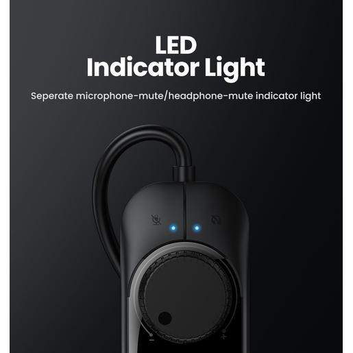 Аудио переходник UGREEN CM129-40964 USB to AUX 3.5mm, Mic & Ear, выход 1 - зеленый порт 3,5 мм для наушников, выход 2 - красный порт 3,5 мм для микрофона, выход 3 - комбинированный разъём для гарнитуры, функция отключения наушников и микрофона и регулято