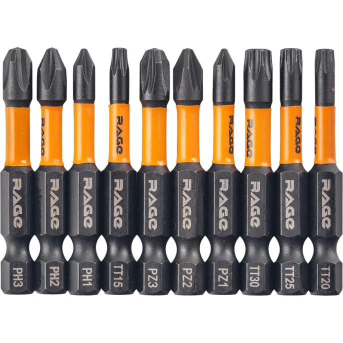 Набор бит для шуруповерта RAGE By VIRA магнитные торсионные IMPACT S2 PH PZ TORX x 50 мм 10 шт 554196