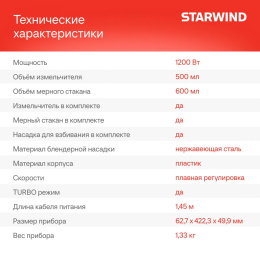 Блендер погружной Starwind SBP3412 1200Вт черный/серый