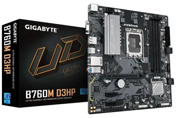 Материнская плата GIGABYTE B760M D3HP, LGA1700, B760, 4*DDR5, 4*SATA, 2*M.2, 3*USB 3.2, 2*USB 2.0, 1*PCIx16, 2*PCIx1, D-Sub+HDMI+DP, mATX