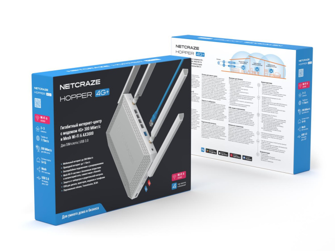 Маршрутизатор/ Netcraze Hopper 4G+ Гигабитный интернет-центр с модемом 4G+, двумя слотами для SIM-карт, Mesh Wi-Fi 6 AX3000, 5-портовым Smart-коммутатором и многофункциональным портом USB 3.0