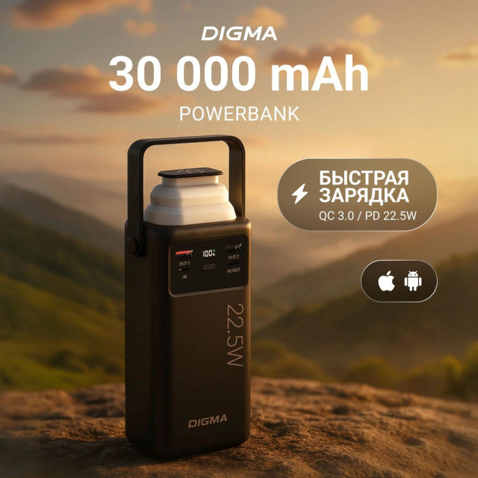 Внешний аккумулятор (Power Bank) Digma DGPF30B,  30000мAч,  черный [dgpf30b22pbk]