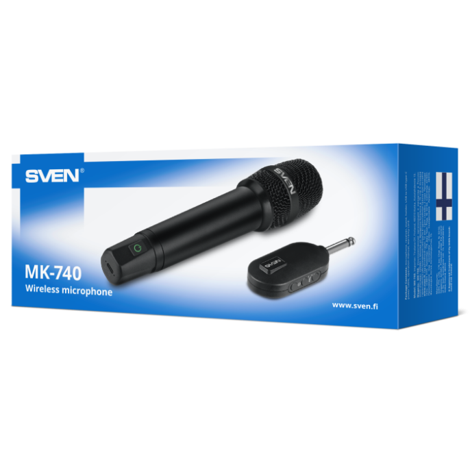 Микрофон Sven MK-740 SV-022532 беспроводной, динамический, ручной, кардиоидная направленность, 100-12000 Гц, 60 дБ, разъем подключения: 6.3 мм, радиус действия: до 25 м, время работы до 12 часов, аккумулятор микрофона: Li-Ion 180mAh, аккумулятор ресиве