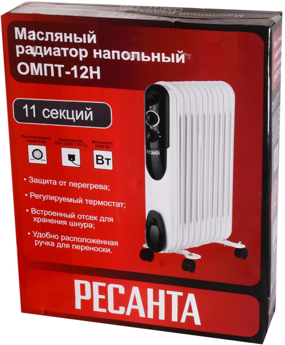 Масляный радиатор Ресанта ОМПТ-12Н, с терморегулятором, 2500Вт, 11 секций, 3 режима, белый [67/3/5]