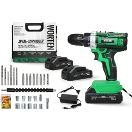 Дрель-шуруповерт WORTEN 2x2.0Ач, 21В, с набором 63 инструмента IM КА-90000574