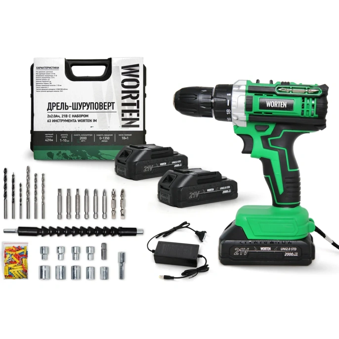Дрель-шуруповерт WORTEN 2x2.0Ач, 21В, с набором 63 инструмента IM КА-90000574