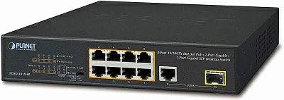 PLANET FGSD-1011HP неуправляемый PoE коммутатор. 8-Port 10/100TX 802.3at PoE + 1-Port 10/100/1000T + 1-Port 100/1000X SFP Desktop Switch (120W PoE Budget, Standard/VLAN/Extend mode, 10-inch and rack-mountable)