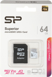 Карта памяти microSDXC UHS-I U3 Silicon Power Superior 64 ГБ, 100 МБ/с, Class 10, SP064GBSTXDA2V20SP, 1 шт., переходник SD