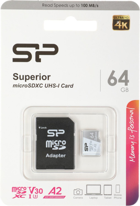 Карта памяти microSDXC UHS-I U3 Silicon Power Superior 64 ГБ, 100 МБ/с, Class 10, SP064GBSTXDA2V20SP, 1 шт., переходник SD