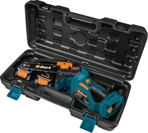 Bort BKS-216-LI Цепная пила аккумуляторная, {36В Li-Ion, Makita 18V LXT, шина 155мм, Бесщеточный, Шаг цепи, дюйм 1/4, движения цепи, м/сек 10, вес 2 кг, 2 АКБ + ЗУ} [93418279]