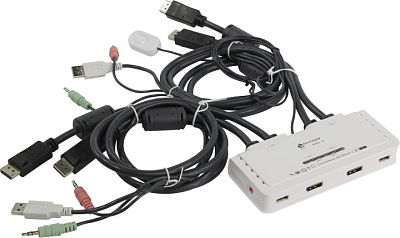 Переключатель Multico EW-K13022DP 2-port Dual Monitor USB KVM Switch (клавUSB+мышьUSB+DP+Audio проводнойПДУ кабели несъемные)
