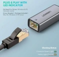Переходник UGREEN CM209-50922 USB-A 3.0 to RJ45 F , Gigabit Ethernet скорость сети до 1 Гбит/с, Скорость USB 3.0 до 5 Гбит/с, Светодиодные индикаторы, Алюминиевый корпус