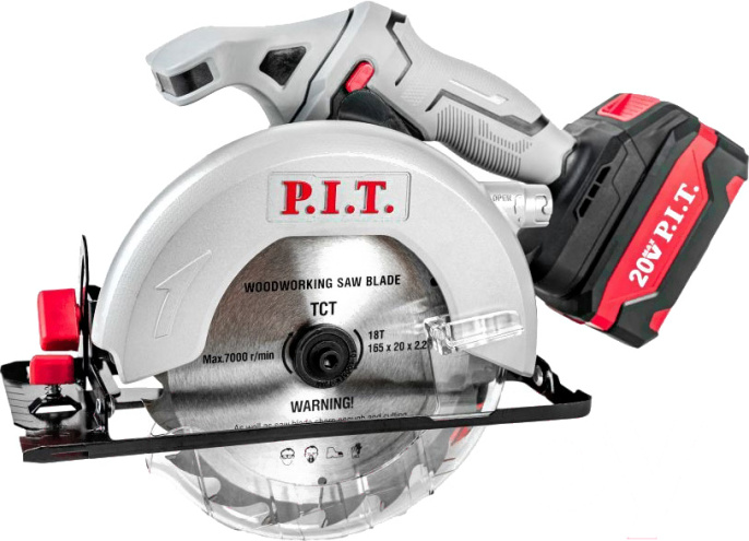 Циркулярная аккумуляторная пила P.I.T. 20 В, диск 165 мм, пропил 52 мм, 4300 об/мин, АКБ Li-Ion 4 Ач, ЗУ кор. PKS20H-165A/1