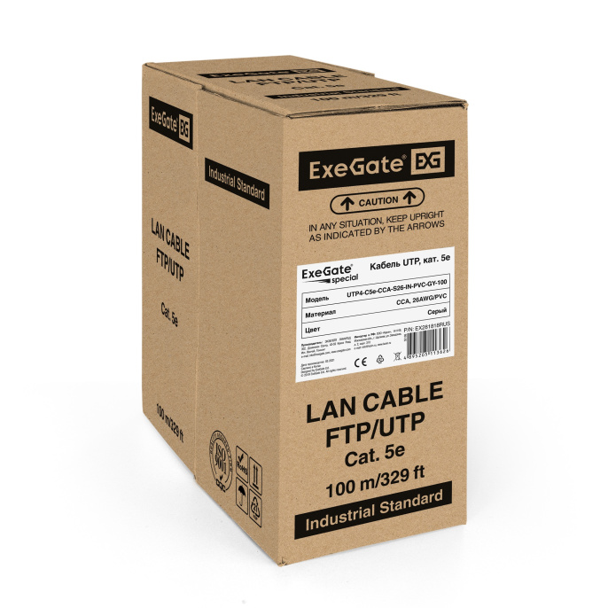 Кабель ExeGate UTP4-C5e-CCA-S26-IN-PVC-GY-100 UTP 4 пары кат.5e CCA, 0.41мм (26AWG), 100м, серый, PVC EX281818RUS