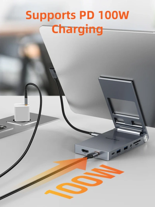 Док-станция для телефона/планшета USB CABLETIME CB04G (CT-HUBC6-AG) 8-в-1, USB-хаб со складной подставкой, с 4K HDMI, SD/TF, 100W Power Delivery