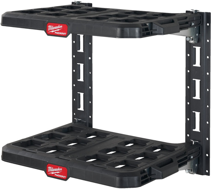 Стеллажная система Milwaukee PackOut (4932472127) (монтажные рельсы E-Track, быстроразъемная конструкция, каждая полка выдерживает вес до 22 кг, армированный металлом каркас, ударопрочная полимерная конструкция)