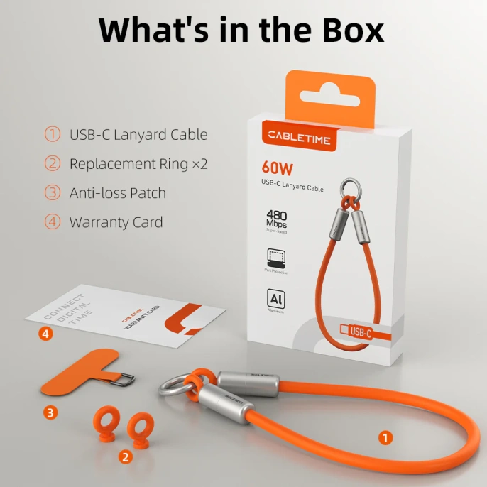Ремешок на запястье с кабелем CABLETIME CU46B (CT-CL60-ASB) 0.3м USB-C PD60W черный
