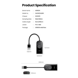 Аудио переходник UGREEN CM129-40964 USB to AUX 3.5mm, Mic & Ear, выход 1 - зеленый порт 3,5 мм для наушников, выход 2 - красный порт 3,5 мм для микрофона, выход 3 - комбинированный разъём для гарнитуры, функция отключения наушников и микрофона и регулято
