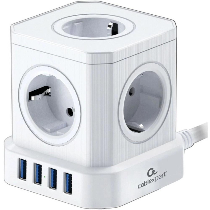 Cablexpert Сетевой фильтр Tower TWR-5-U4-W-3 Tower 5р, 10А, 4 х USB, 3.1А, 3м, ур.защиты 4+ белый, коробка {22554}