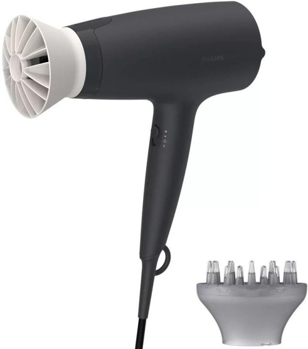 Фен Philips, мощность 1600 Вт, 3 скорости, холодный вохдух, 2 насадки, диффузор, цвет черный