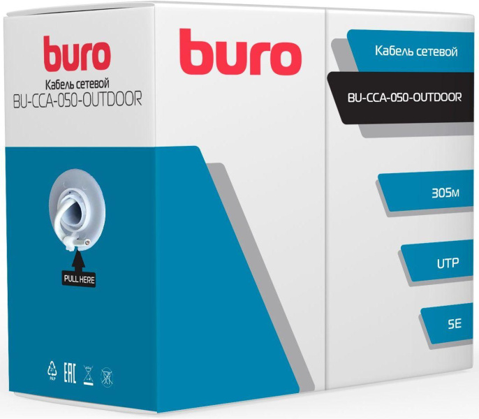 Кабель сетевой Buro BU-CCA-050-OUTDOOR UTP, кат.5E, 305м, 4 пары, 0.50мм, алюминий омедненный, одножильный, черный