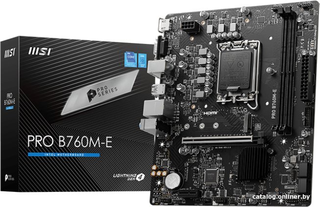 Материнская плата MSI Pro B760M-E mATX, сокет Intel LGA1700, чипсет Intel B760, память 2xDDR5, слоты: 1xPCIe x16 4.0, 1xM.2