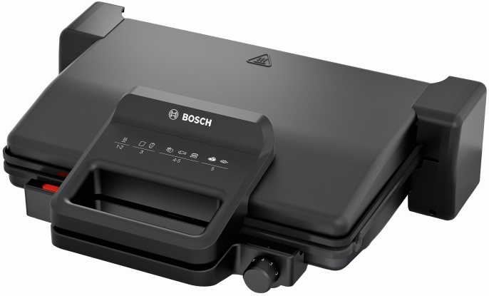 Электрогриль Bosch TCG3323 (2000 Вт, универсальный, двухсторонний (гриль-пресс), габариты 399x325 мм, рабочая поверхность 310x220 мм, материал рабочей поверхности: алюминий, цвет: черный)