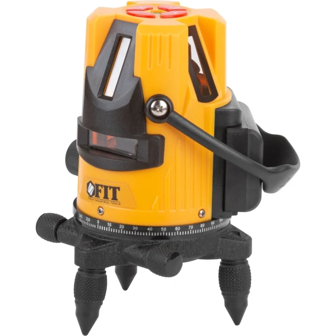 Лазерный самоуспокаивающийся уровень FIT зеленые лучи, горизонталь, 4 вертикали, диапазон 20 м, Li-Ion аккумулятор, 2 уровня яркости, тренога, алюминиевый 18637