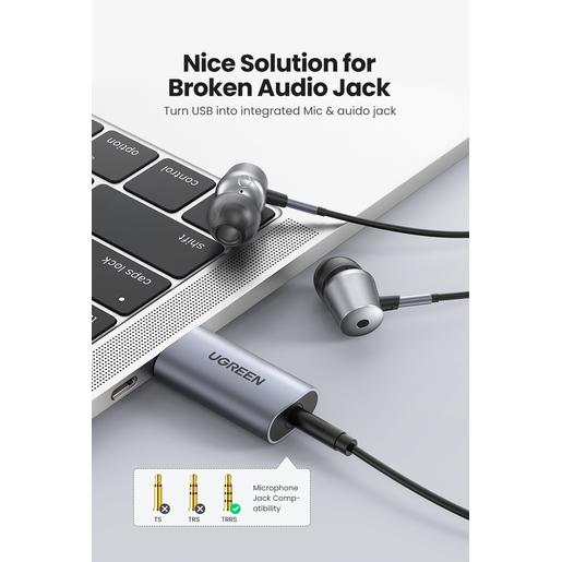 Аудио переходник UGREEN CM383-80864; USB-A to AUX 3,5mm F с поддержкой наушников и микрофона; Частота дискретизации: 96 кГц/24 бит; 192 кГц/16 бит; SNR 100 дБ; Частотная характеристика: 20 Гц-20 кГц;