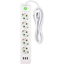 Amper сетевой удлинитель, 2,0м, 5 розеток, 10А, 2500 Вт, 3usb, белый. [JH-1033U-2W]