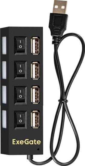 USB-Хаб концентратор 4-в-1 ExeGate DUB-42SW кабель-адаптер USB2.0 -- 4xUSB2.0, кнопки включения/отключения для каждого порта, Plug&Play, черный EX293977RUS