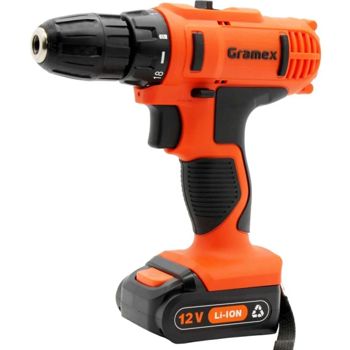 Дрель аккумуляторная Gramex HCD-12-1L (12В,пат-10мм, 2 скорости, аккум. Li, 1.5А/ч) картон, 1 акк (1/10) 014695