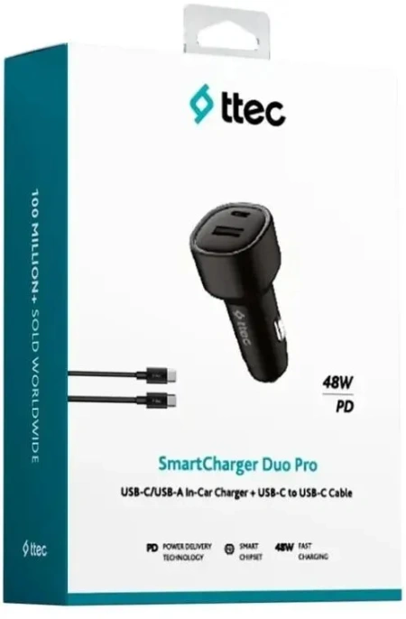 Автомобильное зарядное устройство TTEC SmartCharger Duo PD 48W Car Fast Charger USB-C+USB-A с кабелем USB-C-USB-C 3A. Цвет: черный