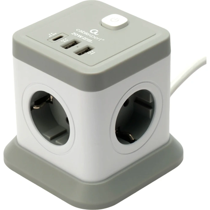 Сетевой фильтр Cablexpert Tower 4р, 10А, 1xType-C PD, 20Вт, 2хUSB, 2м, ур.защиты 2+, белый, кор, TWR-4-CU2-W-2