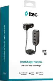 Автомобильное зарядное устройство 6-в-1 TTEC 2CKP06S SmartCharger 6in1 PD 90W Car Fast Charger 3 USB-C + 3 USB-A. Цвет: черный