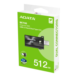 Твердотельный накопитель ADATA External SSD SC730, 512GB, Type-C, Type-A, USB 3.2 Gen2, R/W 600/600 MB/s, 36.8x23.8x9.7mm, Black 5 лет (SC730-512G-CACTI)