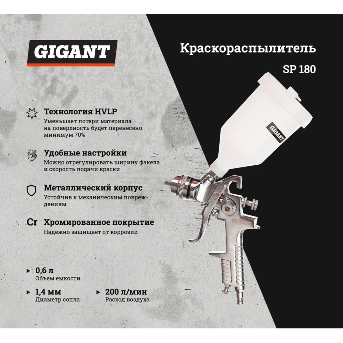Краскораспылитель сопло 1,4 мм; бачок 0,6 л, HVLP Gigant SP 180