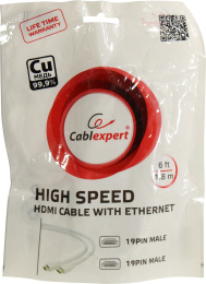 Кабель HDMI Cablexpert CC-HDMI4-W-6, 1.8м, v1.4, 19M/19M, белый, позол.разъемы, экран, пакет